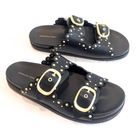 American Eagle Outfitters Shoes - AMERICAN EAGLE Women's Gold Studded Double-Buckle Black Slide Sandals Size 9